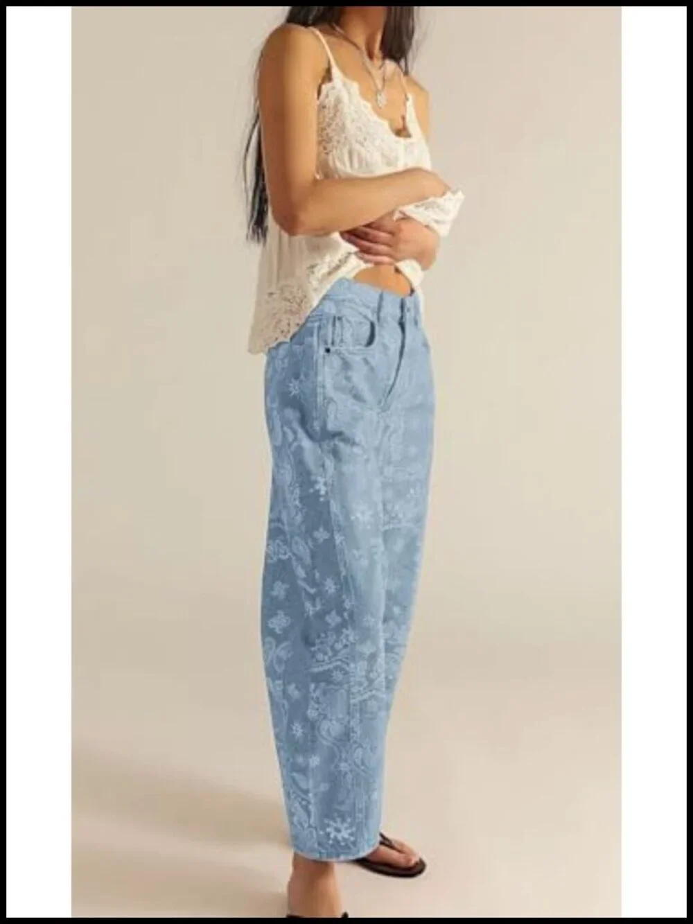 Wide Leg Barrel Jeans Floral Print Denim Ankle Pants Y2k Patchwork